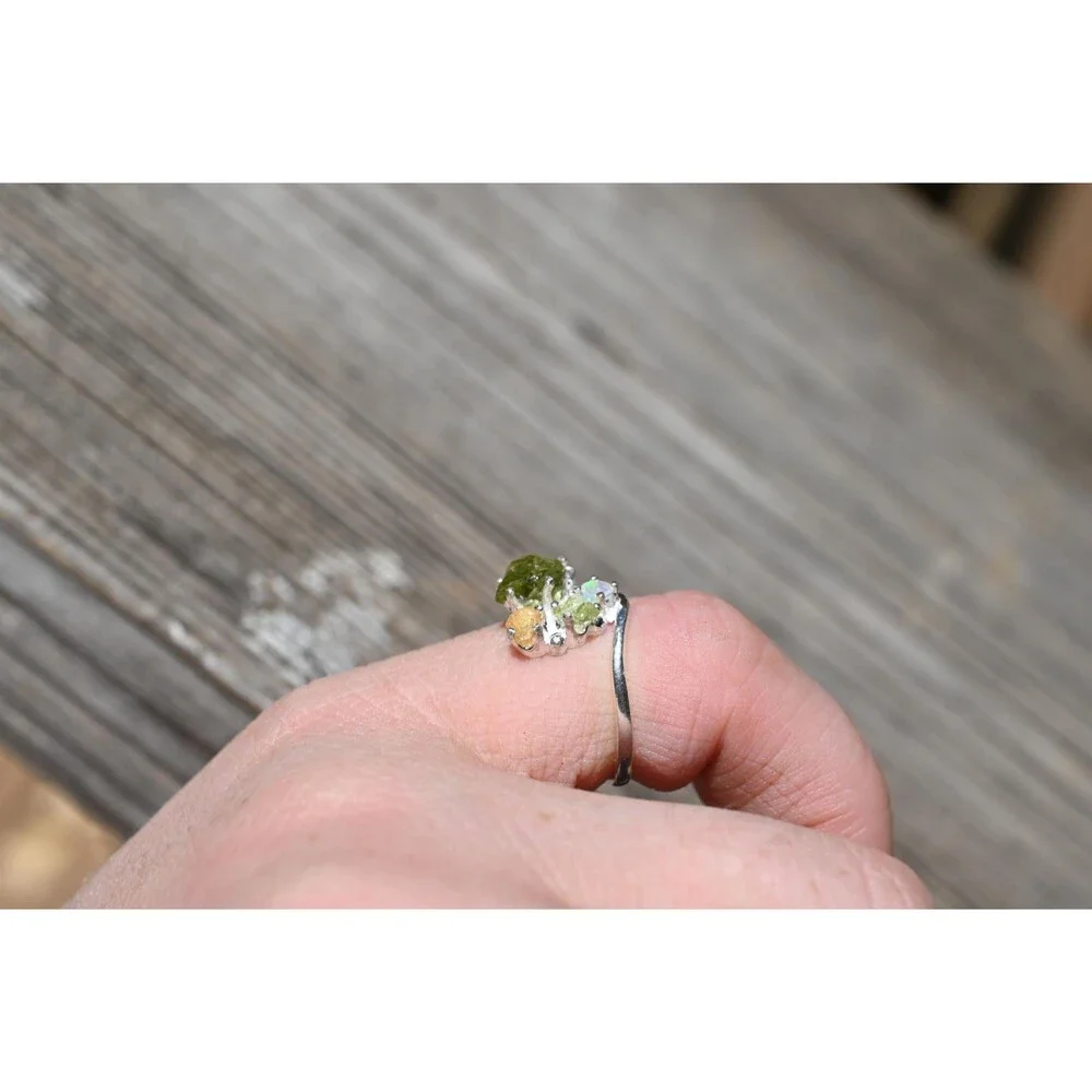 Engagement ring Peridot, Opal & Yellow Montana Sapphire Ring in Sterling Silver